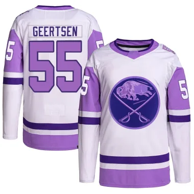 Authentic Mason Geertsen White/Purple Buffalo Sabres Hockey Fights Cancer Primegreen Jersey - Men's