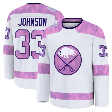 Premium Ryan Johnson White Buffalo Sabres 2024 Hockey Fights Cancer Practice Jersey - Youth